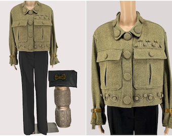 A set of wool vintage jacket with long pants and leather clutch