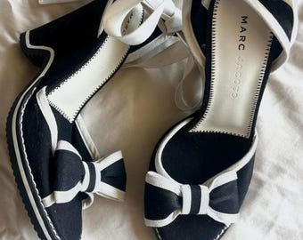 Marc Jacobs black & white canvas ankle wrap wedge shoes