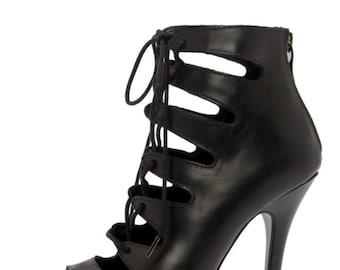 Black Leather Lace-Up High Heel Booties