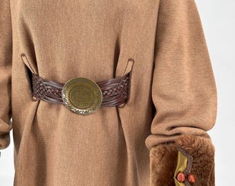 Great Deal - A set of merino wool sweater with leather belt, checked pants  and leather purse.