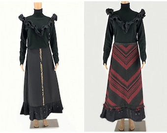 A set of maxi two sided skirt, turtleneck sweater and beautiful jacquard handbag