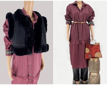 A set of long shirtdress (kaftan), suede vest, pants, beautiful purse, and belt