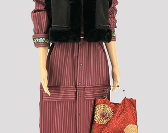 A set of long shirtdress (kaftan), suede vest, pants, beautiful purse, and belt