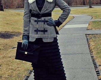 Great Deal - A set of vintage wool jacket with leather belt, maxi skirt , peplum  blouse , unique purse