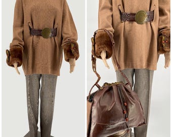 Great Deal - A set of merino wool sweater with leather belt, checked pants  and leather purse.