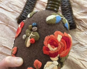 Handmade floral embroidered flask - good replacement for plastic bottle