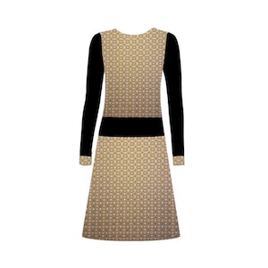 May include: A long-sleeved dress with a black waistband and a geometric pattern in shades of brown, pink, and white.