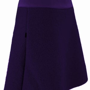 May include: A purple asymmetrical skirt with a smooth satin waistband.