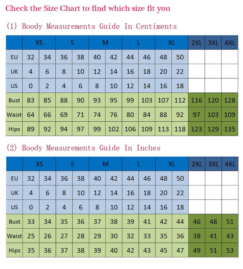 Op de afbeelding: Maattabel voor kleding in zowel inches als centimeters. De tabel toont maten van XS tot 4XL, met metingen voor borst, taille en heupen.
