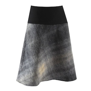 May include: A gray and black skirt with a black waistband. The skirt has a subtle tie-dye pattern.