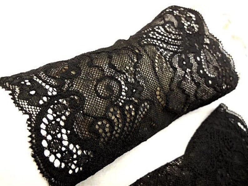 black puls warmers, wrist warmers, gloves floral lace soft and elastic arm warmers, Hand ornamental lace stretchy image 1