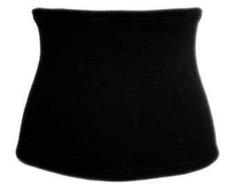 May include: A solid black waist trainer belt featuring a wide, contoured design with a smooth, matte fabric finish. The garment has a curved silhouette that narrows at the center and flares slightly at the top and bottom edges, with visible stitching.