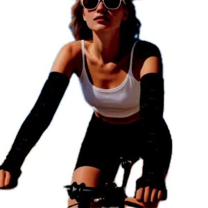 May include: A person wearing sunglasses, a white tank top, black shorts, and black arm sleeves, riding a bicycle. The image is brightly lit, suggesting an outdoor setting. The focus is on the activewear and accessories.