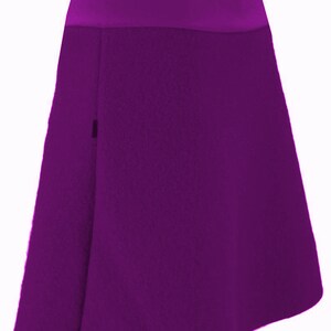 May include: A purple asymmetrical skirt with a straight waistband.