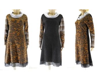 soft, stretchy dress, to turn over, made of high-quality knitted wool, with round neckline and shawl collar and lace, long sleeve, stable,