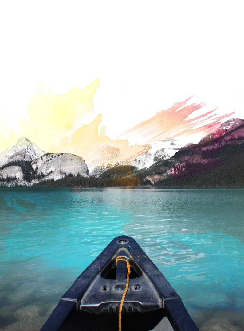 mountain and canoe watercolor print. canoe art. nature