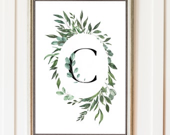 Letter C Print, Printable Digital Download, Black Letter, Eucalyptus, Nursery Decor, Nursery Print, Wall Art