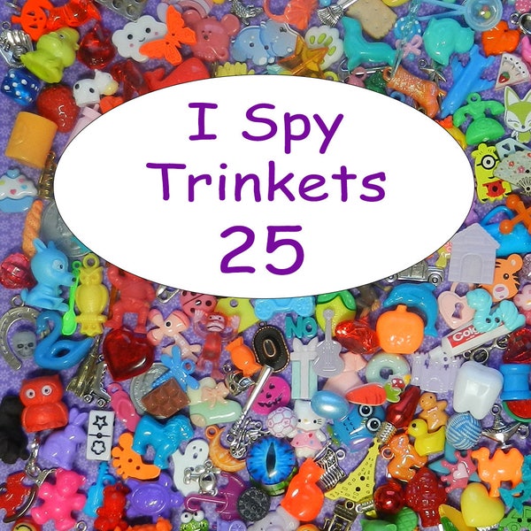 I SPY TRINKETS (25) for bags, I spy bottles, sensory bins, games, teaching, 1" toys, tiny toys, small toys.  No Duplicates! Dinky Doodads