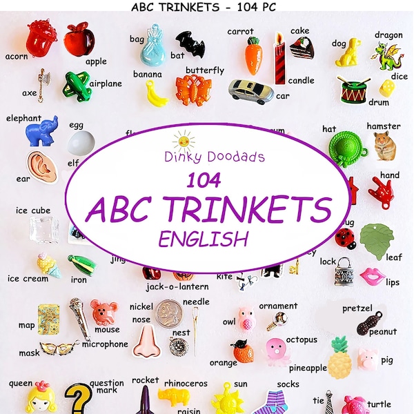 ALPHABET TRINKETS - 104 pc - Speech therapy - homeschooling, education, games, I Spy bags, alphabet trinkets, trinkets