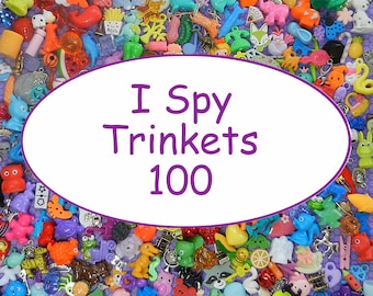 I SPY TRINKETS (100) - Trinkets for I Spy Bags and Bottles-sensory bins-teaching-tiny toys- No Duplicates