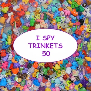 I Spy TRINKETS (50) - smaller trinkets for bags, bottles, sensory bins, games, teaching, 1&quot; toys, tiny toys, small toys. No Duplicates!