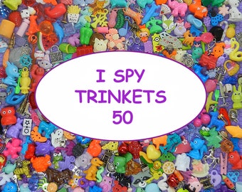 I Spy TRINKETS (50) - smaller trinkets for bags, bottles, sensory bins, games, teaching, 1" toys, tiny toys, small toys. No Duplicates!