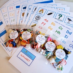 ALPHABET TRINKETS-6 per letter-156 trinkets-18 page labels and activities-Alphabet Activities-Speech Therapy