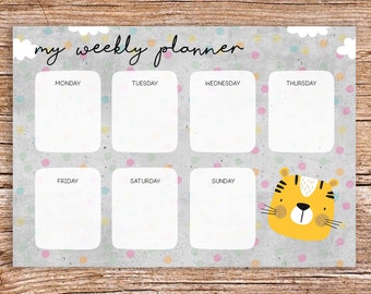 My weekly Planner grau mit Tiger Motiv - Block A5 Wochenkalender Planer Kinder Wochenplaner