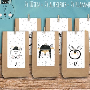 DIY Adventskalender Tiere weiß 2020 Adventzahlen Tüten Blockbodenbeutel braun braune Klammen Bild 1