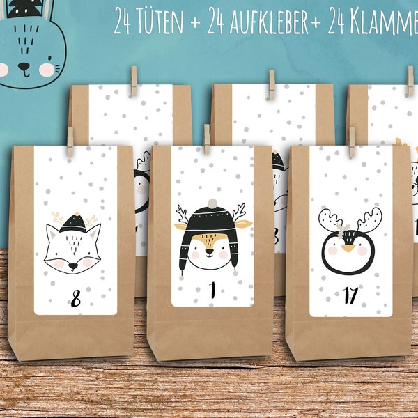 DIY Adventskalender "Tiere weiß 2020" Adventzahlen  Tüten Blockbodenbeutel braun + braune Klammen