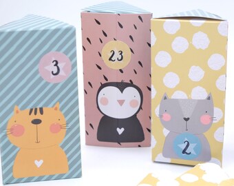 Adventskalender Tiere Dreiecksschachteln Geschenkboxen Boxen Faltboxen Katze Pinguin Tiger für Kinder