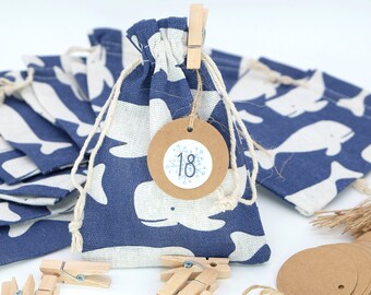 24 fabric bags NAVY sperm whale Advent calendar size S 10 x 14 cm Garland Pendant Sticker Clamps Yarn Whales CHILDREN