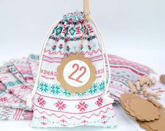 24 Advent Calendar Skandi Look fabric bag extra large XL 14 x 20 cm vintage sticker bag pendant clamps yarn