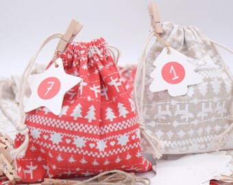 24 Advent calendars beige/red fabric bags 14 x 16 cm Reindeer Christmas tree stickers Bags Pendants staples yarn