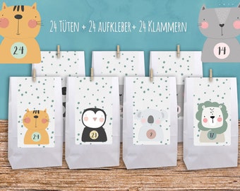 DIY Advent Calendar "Animals blue dotted" Advent numbers white bags Block bottom bag white + brown gorges