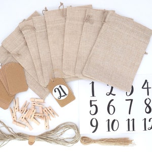 24 Stoffsäckchen Adventskalender JUTE Look 13x18cm BEIGE Gr. M Klammern Anhänger Aufkleber Garn Bild 2