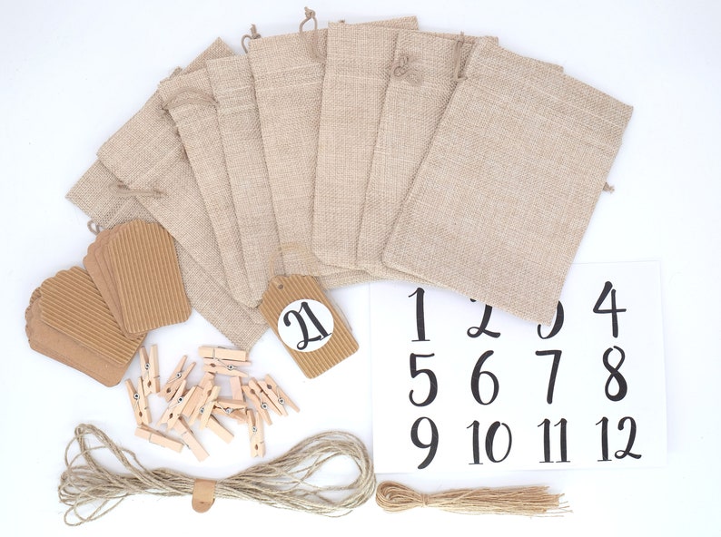 24 Stoffsäckchen Adventskalender JUTE Look 13x18cm BEIGE Gr. M Klammern Anhänger Aufkleber Garn Bild 2