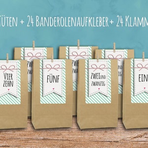 DIY Adventskalender grün Tüten Blockbodenbeute braun Klammern Bild 1