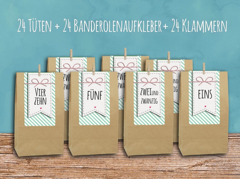 DIY Adventskalender grün Tüten Blockbodenbeute braun Klammern Bild 1