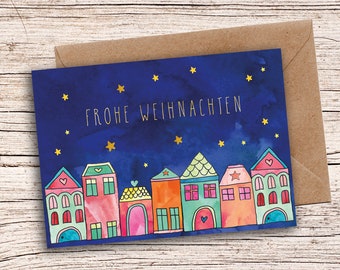 Merry Christmas Houses Village Card with Envelope Greeting Card A6 Christmas Card Postcard