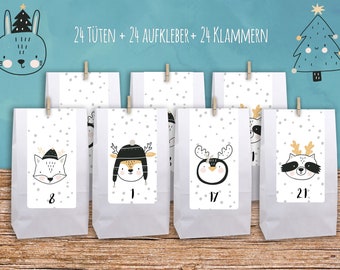 DIY Adventskalender "Tiere weiß 2020" Adventzahlen  Tüten Blockbodenbeutel weiß + braune Klammen