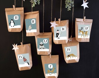 Advent Calendar Animals for sticking on 99 x 93 mm Sticker BLUE Bottom bag brown Mini-brackets Animals of the forest Fox Bird Bear Penguin