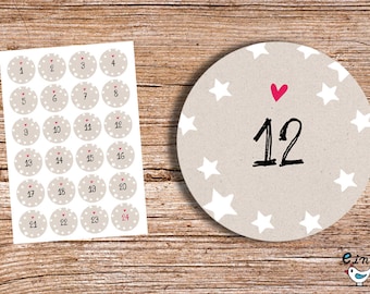 24 x Advent sticker Kraft white stars heart 4 cm