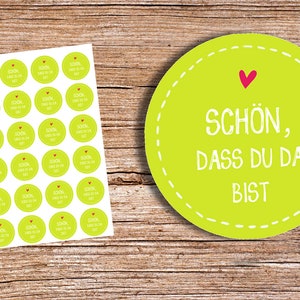 Leuk dat je hier bent" groen - 24 stickers Gastcadeaus 4 cm diameter