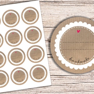12 adesivi HandMade carta kraft marrone 6 cm Fatto a mano 60 mm