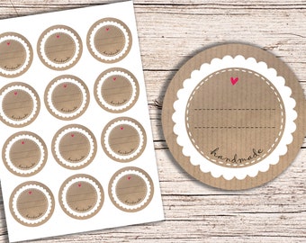 12 stickers HandMade kraft paper brown 6 cm Handmade 60 mm