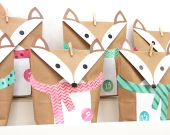 Advent Calendar Foxes TURQUOISE/PINK for CHILDREN Bottom bags staples stickers
