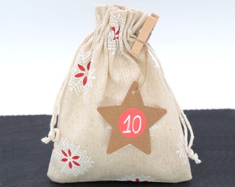 24 Stoffsäckchen Schneeflocke Gr. M 13x18cm Adventskalender Sternanhänger Girlande Aufkleber Klammern beige/rot