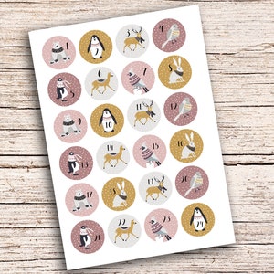 24 Advent stickers Animals of the forest Scandinavian animals PINK 40 mm diameter Polar bear, bird, fox, deer, deer Nordic Look image 3