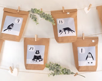 Advent Calendar Animals to stick on 99 x 93 mm Sticker BLACK AND WHITE Bottom bag brown Mini staples Animals of the forest Fox Bird Bear Penguin